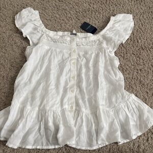 NWT Lucky Brand White Boho Button-Front Ruffle Sleeve Blouse